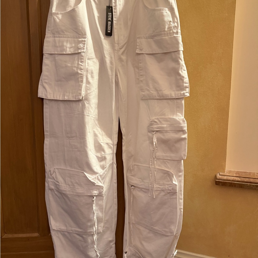 Steve Madden White Wide-Leg Cargo Jumpsuit Pants